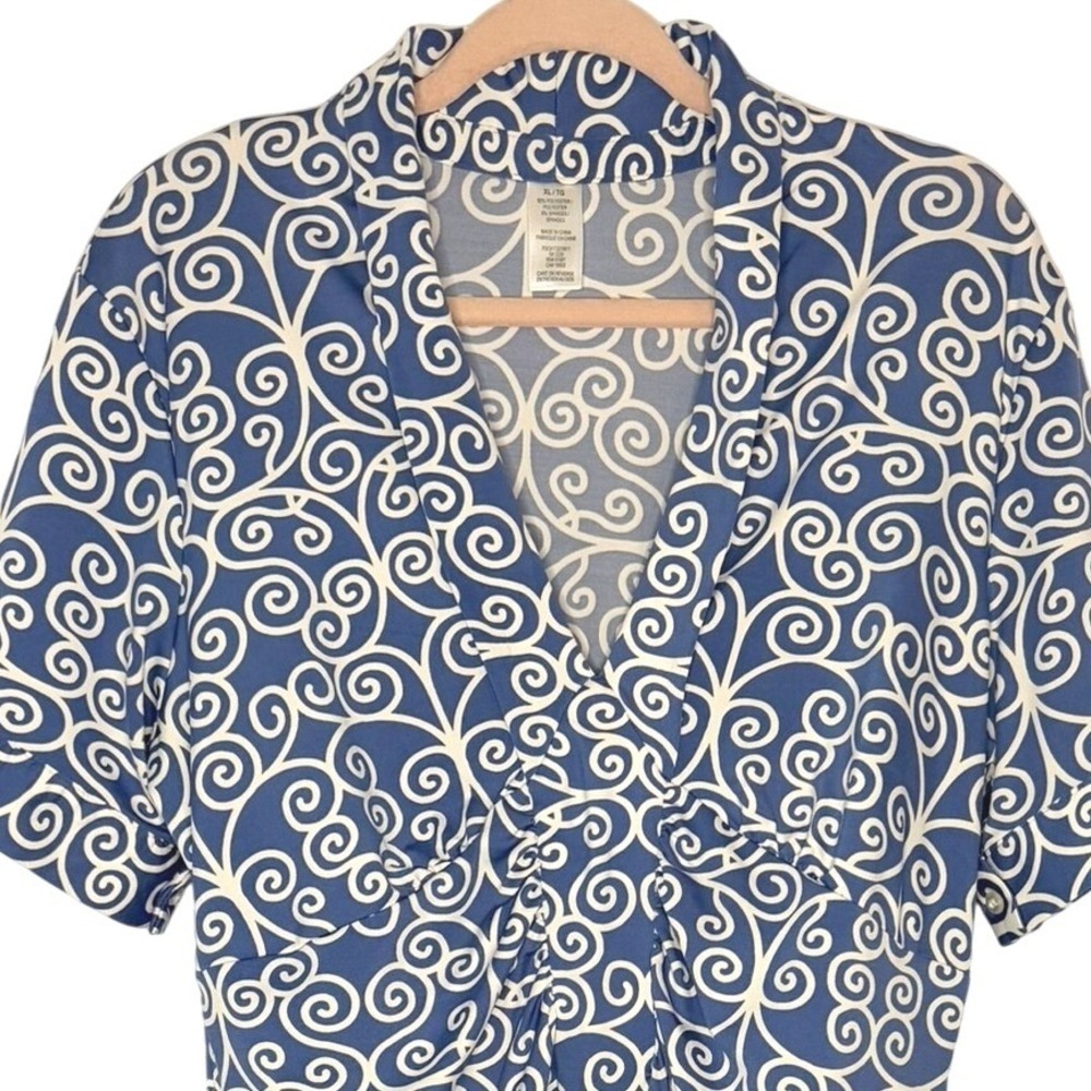 FSC Sheath Dress Women XL Blue White Scroll Print V-Neck Stretch Workwear